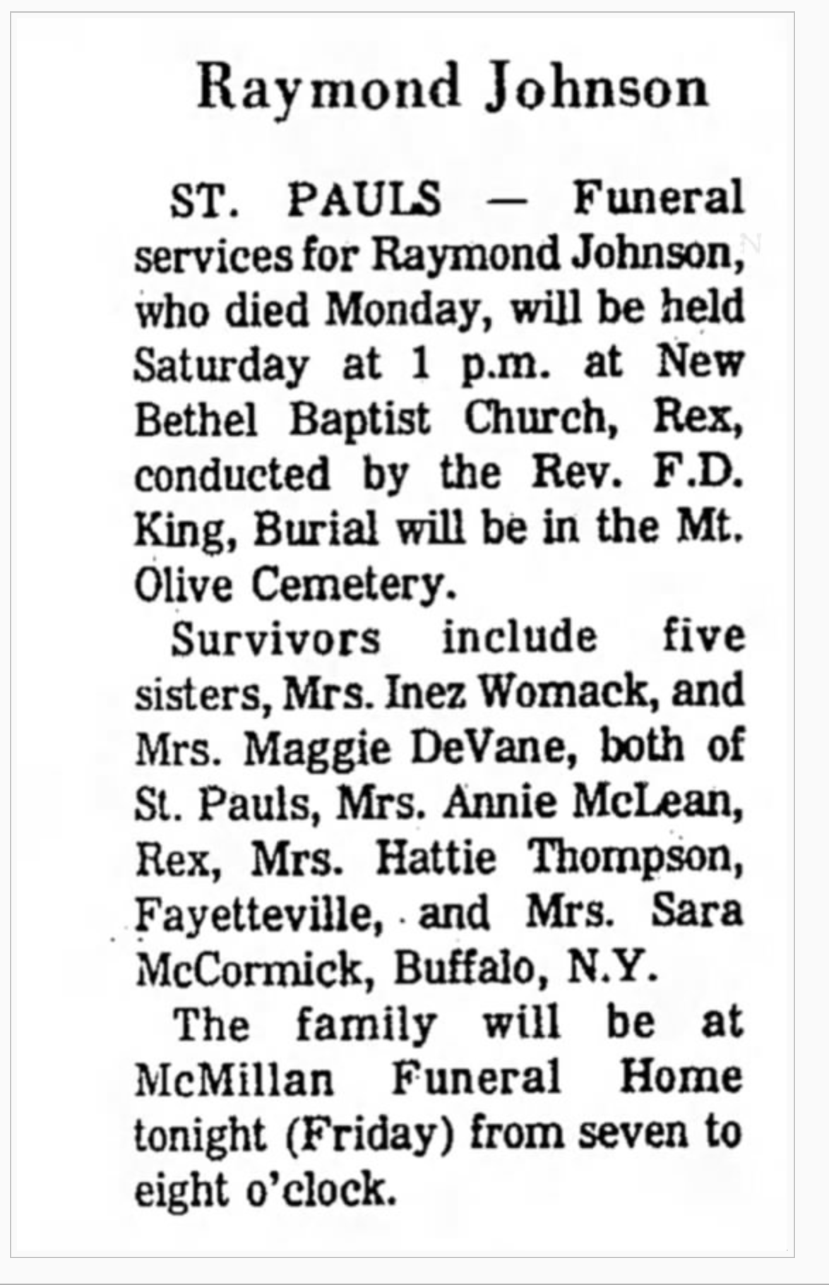 Raymond Johnson Death Notice - Robesonian 1977